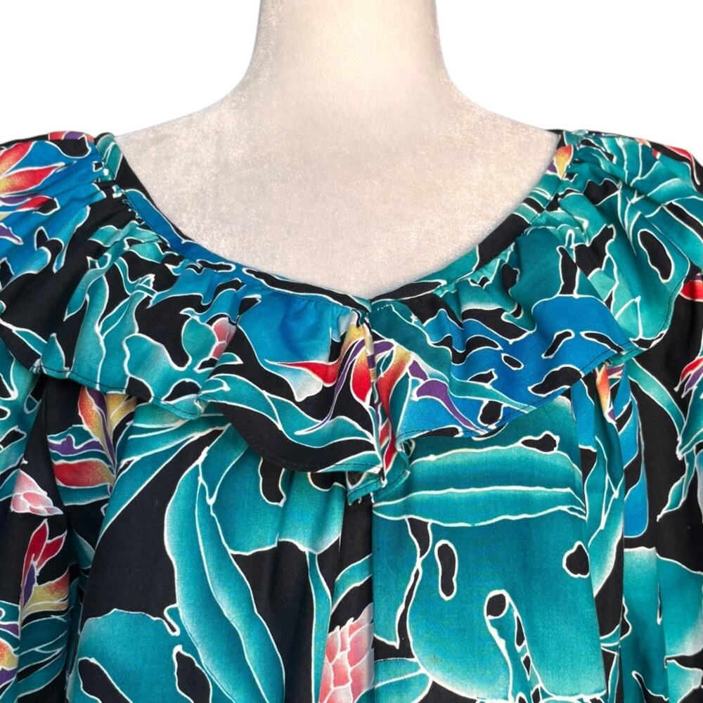 Hilo Hattie Hawaiian Dress Teal Tropical Leaf Cotton Ruffle Off Shoulder Muumuu - Picture 2 of 12